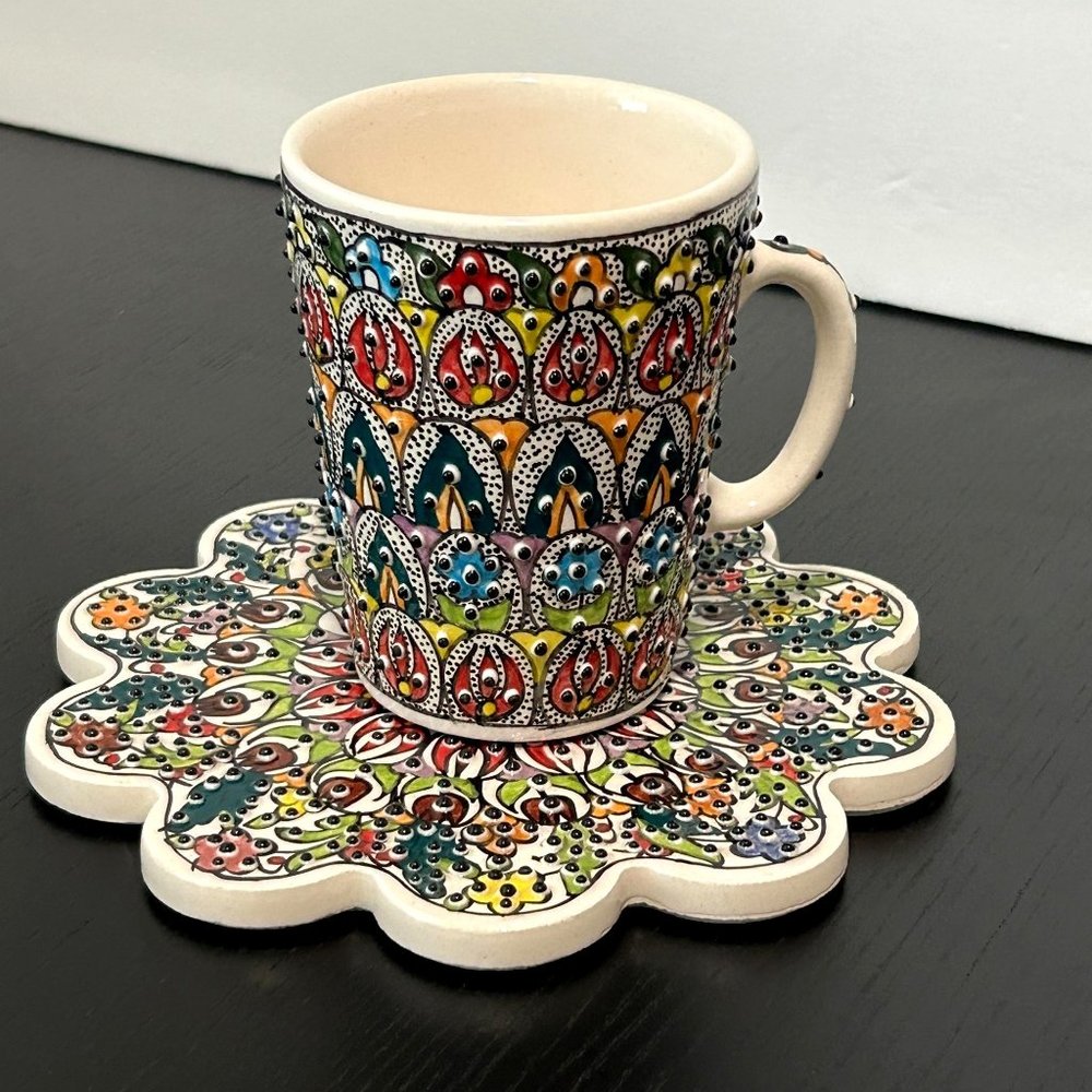 Handmade Turkish Ornate Ceramic Coaster & Mug Floral Mandala Hand Painted Decor
